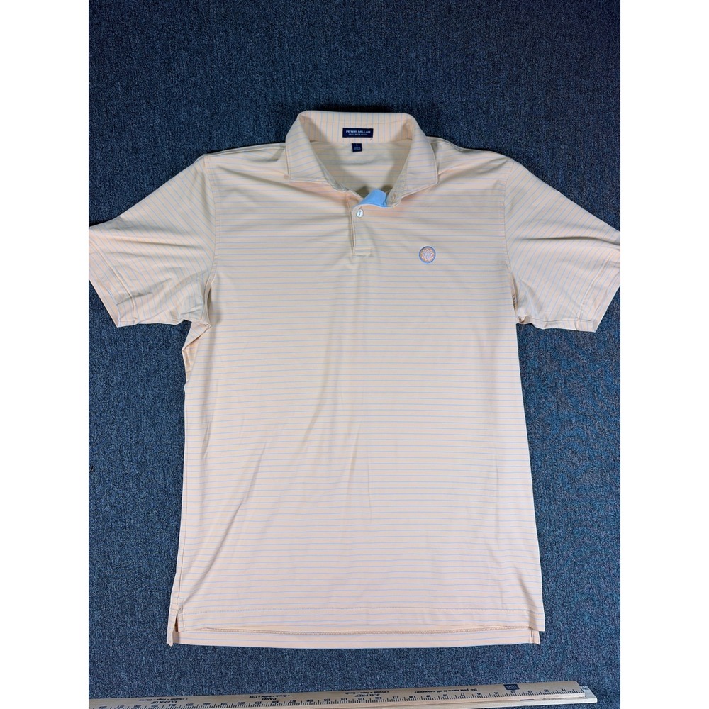 Peter Millar Crown Crafted Mens Large Polo Shirt Orange Blue Striped Performance